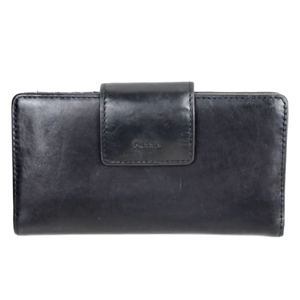 VTG FOSSIL BLACK GENUINE LEATHER ID CARD COIN HOLDER BILL BIFOLD WALLET (1)